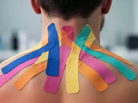 Nahaufnahme des Nackens und oberen Rückens einer Person mit farbigem Kinesiotape in einem therapeutischen Muster. - Foto: über boerse-global.de