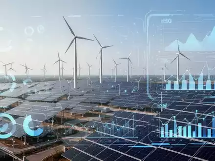 Eine futuristische chinesische Anlage für saubere Energie mit Solarpaneelen und Windturbinen unter klarem Himmel, die Chinas grüne Ambitionen darstellt. - Foto: über boerse-global.de