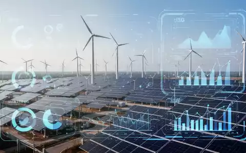 Eine futuristische chinesische Anlage für saubere Energie mit Solarpaneelen und Windturbinen unter klarem Himmel, die Chinas grüne Ambitionen darstellt. - Foto: über boerse-global.de