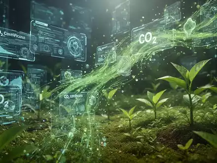 Digitale CO2-Zertifikate fließen als Datenströme in eine grüne Landschaft, symbolisierend Wachstum und Umweltverantwortung. - Foto: über boerse-global.de
