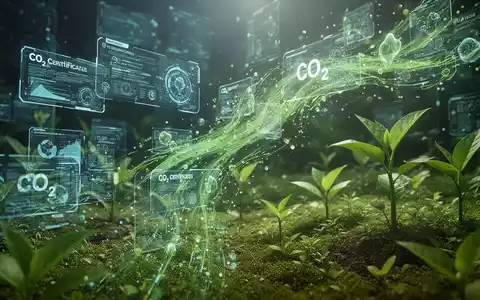 Digitale CO2-Zertifikate fließen als Datenströme in eine grüne Landschaft, symbolisierend Wachstum und Umweltverantwortung. - Foto: über boerse-global.de
