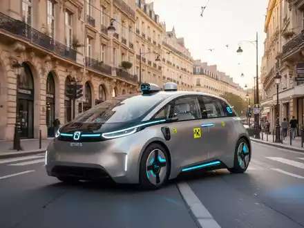 A futuristic electric robotaxi driving on a European street, symbolizing autonomous vehicle technology and international expansion. - Foto: über boerse-global.de
