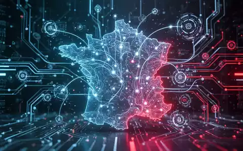 Abstract image showing glowing lines connecting a stylized map of France to data points and circuits, symbolizing AI development. - Foto: über boerse-global.de