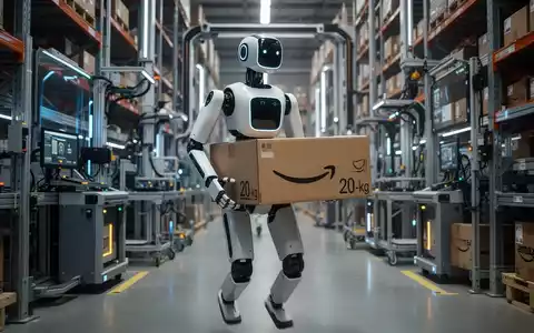 Ein humanoider Roboter, der in einem modernen Amazon-Lager ein Paket trägt und seine Fähigkeit zur Lastenhandhabung zeigt. - Foto: über boerse-global.de