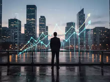 Eine Silhouette steht auf einer Brücke und blickt auf eine moderne Stadt bei Dämmerung, während sie ein komplexes, leuchtendes Diagramm betrachtet. - Foto: über boerse-global.de