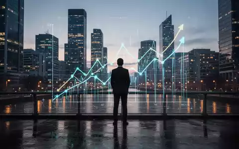 Eine Silhouette steht auf einer Brücke und blickt auf eine moderne Stadt bei Dämmerung, während sie ein komplexes, leuchtendes Diagramm betrachtet. - Foto: über boerse-global.de