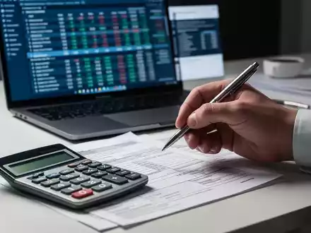 Eine Hand hält einen Stift über Steuerformularen und einem Taschenrechner auf einem Schreibtisch. Im Hintergrund ein Laptop. - Foto: über boerse-global.de