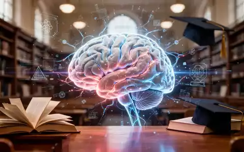 Ein stilisiertes Gehirn mit leuchtenden neuronalen Pfaden, umgeben von digitalen Elementen und akademischen Symbolen. - Foto: über boerse-global.de