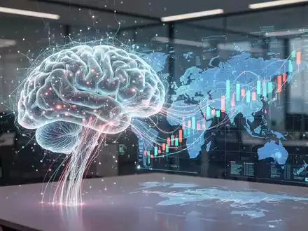 Ein stilisiertes, leuchtendes neuronales Netzwerk, das Daten in eine holografische Weltkarte speist, symbolisiert KI-gestützte Marktstrategien. - Foto: über boerse-global.de