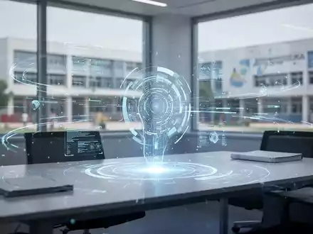 Ein futuristisches Büro mit einer leuchtenden KI-Assistenten-Schnittstelle, die Effizienz und Innovation in der Verwaltung symbolisiert. - Foto: über boerse-global.de