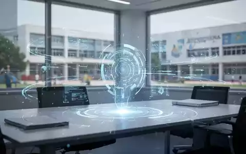 Ein futuristisches Büro mit einer leuchtenden KI-Assistenten-Schnittstelle, die Effizienz und Innovation in der Verwaltung symbolisiert. - Foto: über boerse-global.de