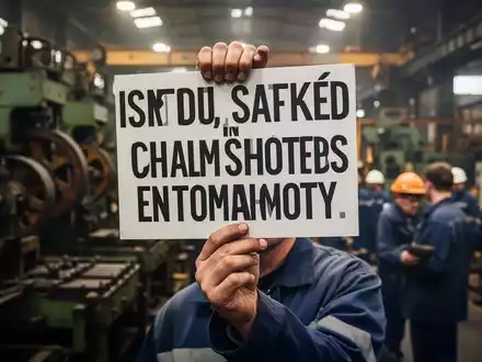 Nahaufnahme einer Hand, die ein Protestschild hält, mit verschwommenem Hintergrund von Fabrikmaschinen und anderen Arbeitern. - Foto: über boerse-global.de
