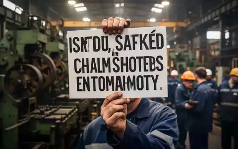 Nahaufnahme einer Hand, die ein Protestschild hält, mit verschwommenem Hintergrund von Fabrikmaschinen und anderen Arbeitern. - Foto: über boerse-global.de