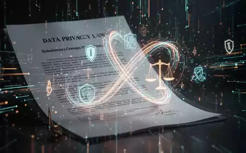 Ein abstraktes Bild, das digitale Dokumente, Datenströme und rechtliche Symbole darstellt, die Datenschutzbestimmungen und Compliance symbolisieren. - Foto: über boerse-global.de