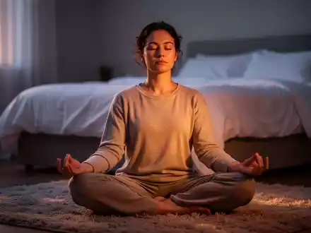 Eine Person sitzt in einem abgedunkelten Raum in Meditationshaltung auf dem Boden, mit geschlossenen Augen und weichem Licht. Im Hintergrund ein Bett. - Foto: über boerse-global.de