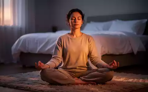 Eine Person sitzt in einem abgedunkelten Raum in Meditationshaltung auf dem Boden, mit geschlossenen Augen und weichem Licht. Im Hintergrund ein Bett. - Foto: über boerse-global.de