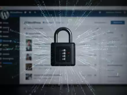 A digital padlock icon with lines of code, overlaid on a blurred WordPress dashboard, symbolizing a supply chain attack. - Foto: über boerse-global.de