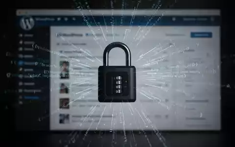 A digital padlock icon with lines of code, overlaid on a blurred WordPress dashboard, symbolizing a supply chain attack. - Foto: über boerse-global.de