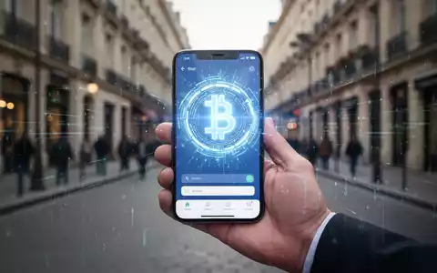 Eine Hand hält ein Smartphone mit einer Zahlungs-App und einem digitalen Währungssymbol vor einem verschwommenen Stadtbild. - Foto: über boerse-global.de