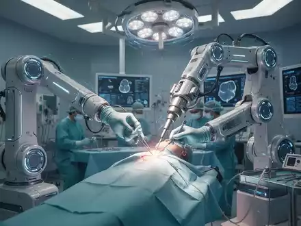 A sophisticated AI-powered surgical robot with multiple arms meticulously operating on a patient in a high-tech operating room. - Foto: über boerse-global.de