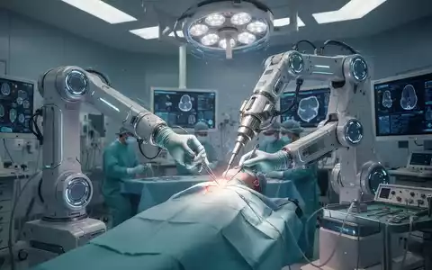 A sophisticated AI-powered surgical robot with multiple arms meticulously operating on a patient in a high-tech operating room. - Foto: über boerse-global.de
