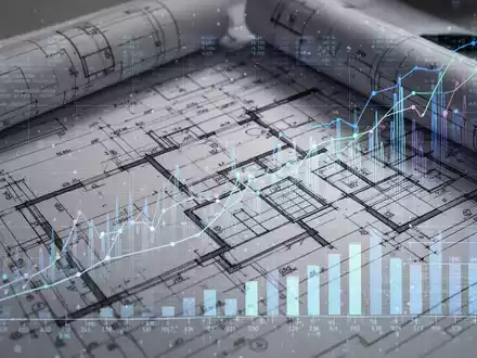 Bauplan, Finanzdiagramme und digitale Daten symbolisieren Immobilieninvestitionen, Steuerregelungen und digitale Verarbeitung. - Foto: über boerse-global.de