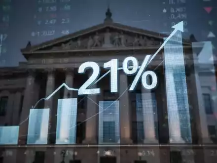 Eine digitale Darstellung des Prozentsatzes 21% mit Pfeilen, die nach oben zeigen, vor einem unscharfen Hintergrund von Finanzdaten und Diagrammen. - Foto: über boerse-global.de