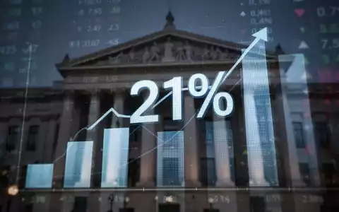 Eine digitale Darstellung des Prozentsatzes 21% mit Pfeilen, die nach oben zeigen, vor einem unscharfen Hintergrund von Finanzdaten und Diagrammen. - Foto: über boerse-global.de