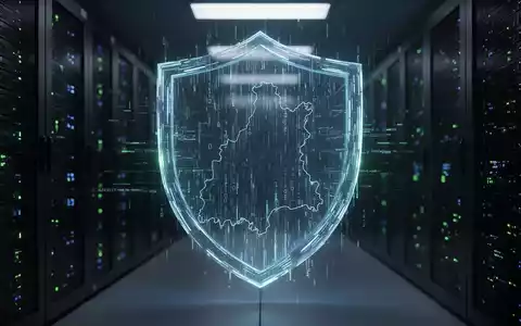 Ein stilisiertes digitales Schild aus Datenströmen und Binärcode, das eine abstrakte Umrisskarte von Schleswig-Holstein schützt. - Foto: über boerse-global.de