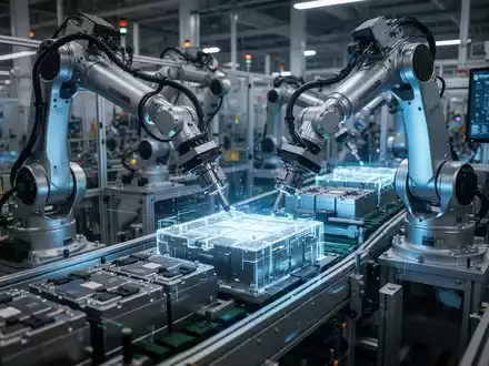 Roboterarme in einer hochmodernen Batteriefabrik, die Komponenten auf einer Produktionslinie montieren, symbolisieren industrielle Fertigung und Lieferketten. - Foto: über boerse-global.de