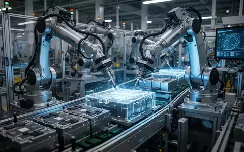 Roboterarme in einer hochmodernen Batteriefabrik, die Komponenten auf einer Produktionslinie montieren, symbolisieren industrielle Fertigung und Lieferketten. - Foto: über boerse-global.de