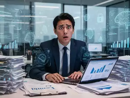 Eine verwirrte Person sitzt an einem Schreibtisch, umgeben von Dokumenten und Bildschirmen, die komplexe EU-Regulierungen darstellen. - Foto: über boerse-global.de