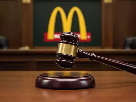 Ein Gerichtshammer trifft einen Klangblock, im Hintergrund ist ein verschwommenes McDonald's-Logo zu sehen. - Foto: über boerse-global.de