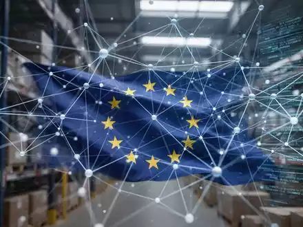 Ein komplexes Netzwerk aus Linien und Knoten, das globale Lieferketten symbolisiert, mit einem dezenten EU-Flaggen-Element. - Foto: über boerse-global.de