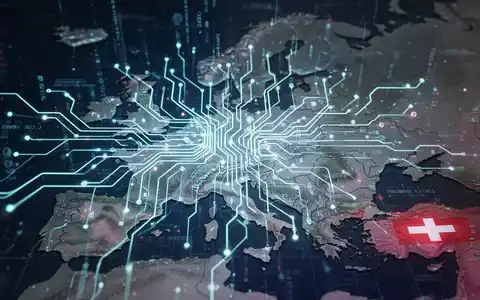 Ein futuristisches, leuchtendes neuronales Netzwerk über einer Karte Europas und der Schweiz, das digitale Souveränität und KI-Entwicklung symbolisiert. - Foto: über boerse-global.de