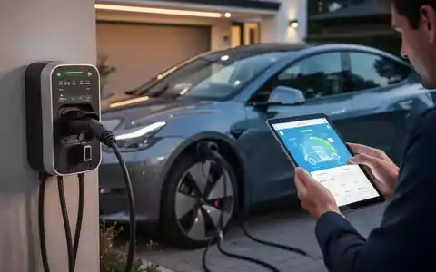 Ein modernes Elektroauto lädt an einer Ladestation zu Hause, während eine Person eine Mobilitäts-App auf einem Tablet nutzt. - Foto: über boerse-global.de