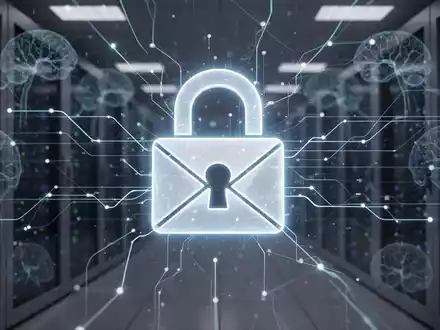 Ein stilisiertes, leuchtendes Vorhängeschloss-Symbol über einem Netzwerk aus digitalen Linien und Datenströmen, das E-Mail-Sicherheit darstellt. - Foto: über boerse-global.de