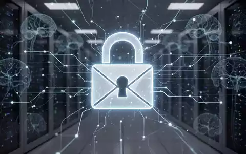 Ein stilisiertes, leuchtendes Vorhängeschloss-Symbol über einem Netzwerk aus digitalen Linien und Datenströmen, das E-Mail-Sicherheit darstellt. - Foto: über boerse-global.de