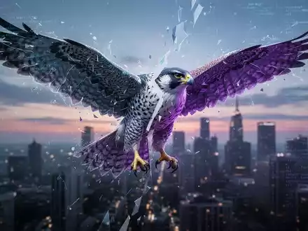 Ein stilisiertes, fragmentiertes digitales Falken-Logo über einer verschwommenen Stadtlandschaft bei Sonnenuntergang, das Cybersicherheit darstellt. - Foto: über boerse-global.de