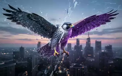 Ein stilisiertes, fragmentiertes digitales Falken-Logo über einer verschwommenen Stadtlandschaft bei Sonnenuntergang, das Cybersicherheit darstellt. - Foto: über boerse-global.de