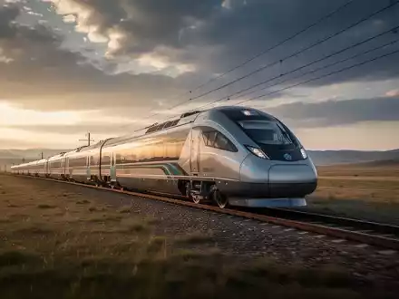 Ein moderner, eleganter Personenzug fährt durch eine weite, offene Landschaft unter einem dramatischen Himmel. - Foto: über boerse-global.de