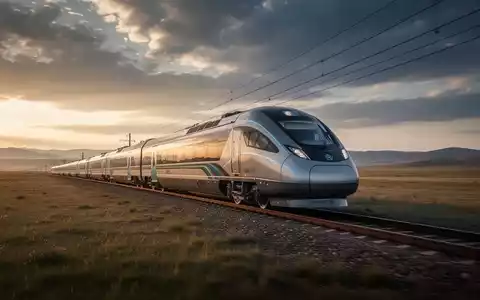 Ein moderner, eleganter Personenzug fährt durch eine weite, offene Landschaft unter einem dramatischen Himmel. - Foto: über boerse-global.de