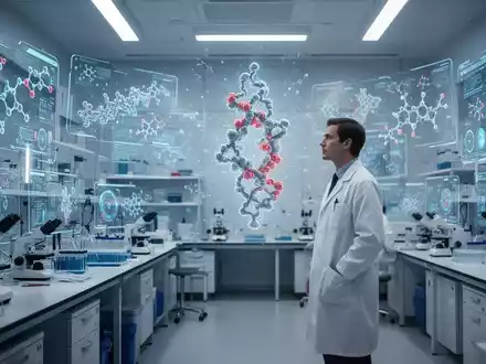 Eine futuristische Laborumgebung mit KI-Schnittstellen, die molekulare Strukturen und Daten visualisieren. Ein Wissenschaftler betrachtet eine holografische Projektion eines Proteinmodells. - Foto: über boerse-global.de