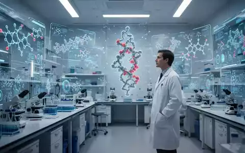 Eine futuristische Laborumgebung mit KI-Schnittstellen, die molekulare Strukturen und Daten visualisieren. Ein Wissenschaftler betrachtet eine holografische Projektion eines Proteinmodells. - Foto: über boerse-global.de