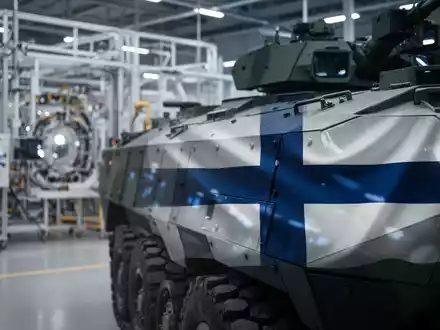 Ein modernes Militärfahrzeug mit einer dezenten finnischen Flaggenreflexion, im Hintergrund eine High-Tech-Fertigungsanlage. - Foto: über boerse-global.de