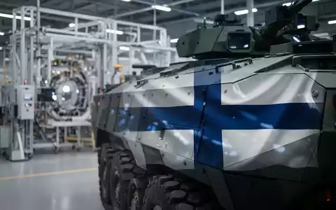 Ein modernes Militärfahrzeug mit einer dezenten finnischen Flaggenreflexion, im Hintergrund eine High-Tech-Fertigungsanlage. - Foto: über boerse-global.de