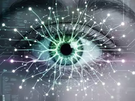 Eine futuristische, leuchtende KI-Schnittstelle überlagert ein stilisiertes menschliches Auge, das den Ersatz biologischer Programme symbolisiert. - Foto: über boerse-global.de