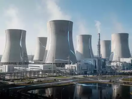 Ein modernes Atomkraftwerk mit mehreren Kühltürmen und futuristischer Architektur unter blauem Himmel, das Chinas Kernenergieziele darstellt. - Foto: über boerse-global.de