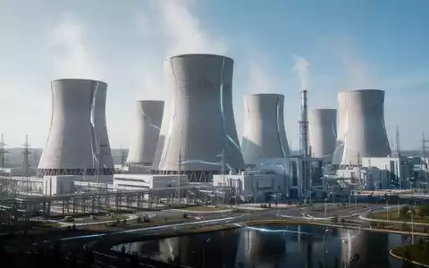 Ein modernes Atomkraftwerk mit mehreren Kühltürmen und futuristischer Architektur unter blauem Himmel, das Chinas Kernenergieziele darstellt. - Foto: über boerse-global.de