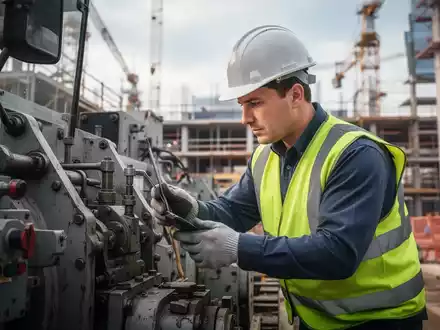 Ein Bauarbeiter in Schutzausrüstung inspiziert sorgfältig Maschinen auf einer Baustelle, symbolisierend Arbeitssicherheit und Prävention. - Foto: über boerse-global.de